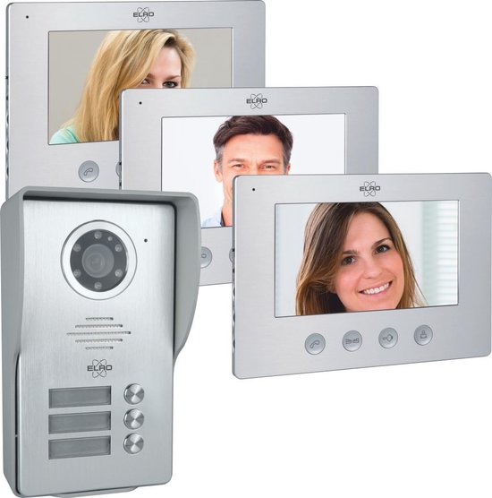 ELRO DV477W3 Video Deur Intercom - 3 Appartementen - Met 3x 7 inch kleurenscherm - Verstelbare camera met nachtzicht - Color Night Vision - 16 Beltonen van Merkloos