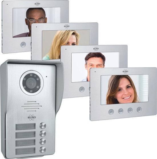 ELRO DV477W4 Video Deur Intercom - 4 Appartementen - Met 4x 7 inch kleurenscherm - Verstelbare camera met nachtzicht - Color Night Vision - 16 Beltonen van Elro