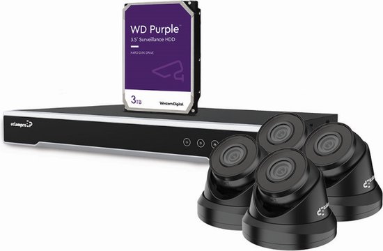 EtiamPro 4 MP IP-VIDEOBEWAKINGSSET - 8-KANAALS NVR-RECORDER - 4 x ZWARTE IP DOME-CAMERA - 3 TB HD - KABELS van Merkloos