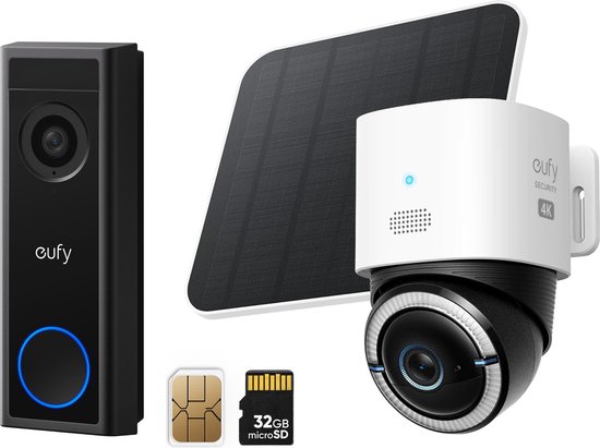 eufy 4G LTE S330 Camera - met WiFi - 4K Pan&Tilt - Volkomen draadloos met zonnepaneel - AI Tracking en 4G verbinding met simkaart +C30 Draadloze Video Deurbelset 2K FHD - Accu- kan ook zonder Homebase van Eufy