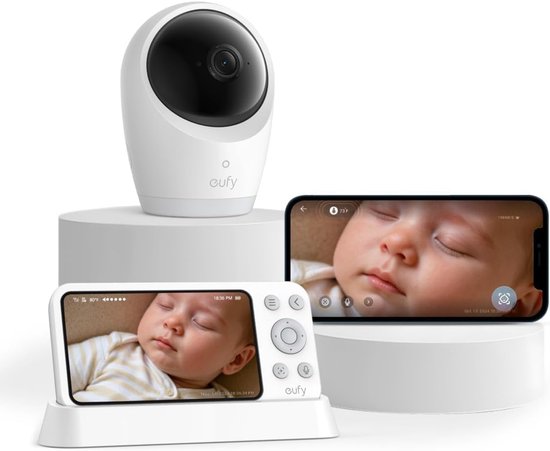 eufy Baby E21 Babyfoon – Baby Monitor – 4K Camera – Hybride Wi-Fi – App- en Monitorbediening – Ultrahelder Nachtzicht – Pan-Tilt – 8× Zoom – Draagbare Camera met Ingebouwde Batterij – ANR – Slimme Waarschuwingen van Merkloos