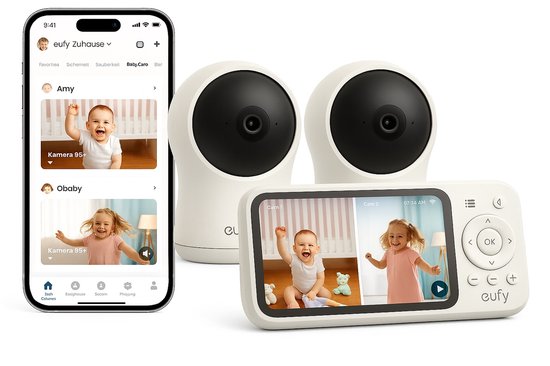 eufy Babyfoon C10 + Baby Monitor C10 Add-On Camera – 2K HD Camera – 4.5" Scherm – Pan & Tilt – Nachtzicht – Wi-Fi of Zonder Wi-Fi – 12 Uur Batterij – Beweging, Huilen & Geluid Detectie – Temperatuur Alarm – 2-weg Praten – VOX van Merkloos