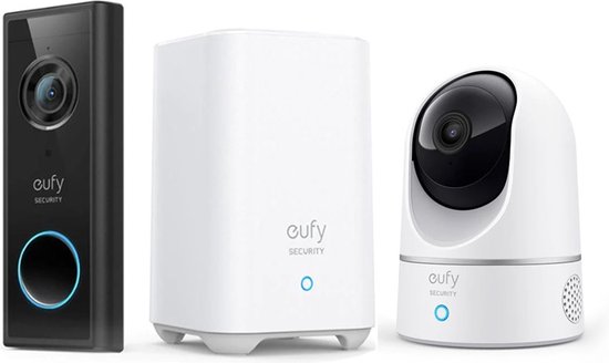 Eufy by Anker 2K Videodeurbel + 2K Beveiligingscamera bundel - Pan & tilt - Voor binnen en buiten - Met Homebase van Eufy