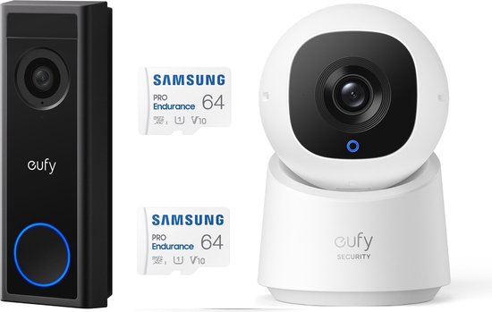 eufy C30 2K Draadloze Video Deurbel 2K FHD - Accu Zwart + eufy Security - Indoor Cam C220 + 2X SAMSUNG MicroSDXC 64GB PRO - Bundel van Eufy