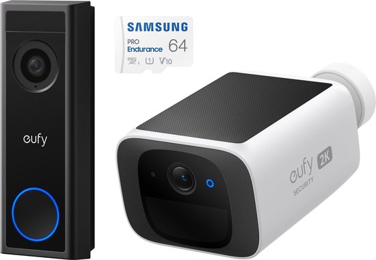 eufy C30 2K Draadloze Video Deurbel 2K FHD - Accu Zwart + SAMSUNG MicroSDXC 64GB PRO + Eufy S220 SoloCam 2K Draadloze Solar Beveiligingscamera - Bundel van Eufy
