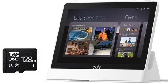 eufy E10 Smart Display-Slimme Home Hub, 8" Bedieningspaneel, Compatibel met eufy Beveiligingsapparaten, Vier Weergaven op Eén Scherm, Directe Deurmeldingen, Dagelijkse Evenementenrapporten + 128GB SD card - Bundelvoordeel