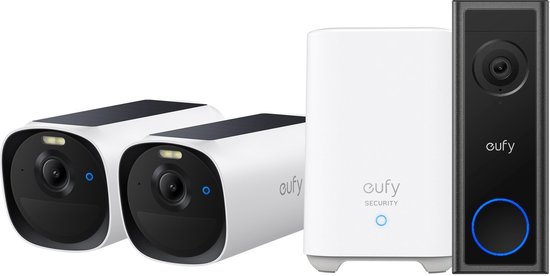 eufy E40 2-CamSet (HomeBase 2) - draadloze outdoor beveiligings camera op zonne-energie - 2K-resolutie, MaxColor nachtzicht + eufy C30 2K Draadloze Video Deurbel 2K op Accu - Bundelvoordeel van Eufy