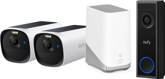 eufy E40 2-CamSet (HomeBase 3 S380) - draadloze outdoor beveiligings camera op zonne-energie - 2K-resolutie, MaxColor nachtzicht + eufy C30 2K Draadloze Video Deurbel 2K op Accu - Bundelvoordeel van Eufy