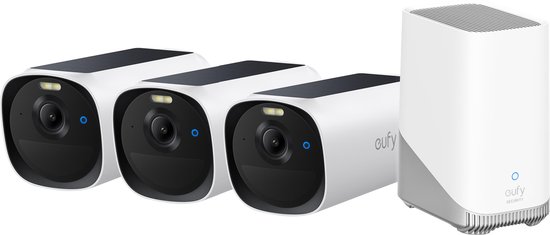 eufy E40 3-CamSet (HomeBase 3 S380) - draadloze outdoor beveiligings camera op zonne-energie - 2K-resolutie, MaxColor nachtzicht, gezichts herkenning met AI, uitbreidbare lokaleo pslag, geen maandelijkse kosten van Eufy
