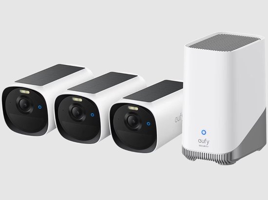 Eufy E40 3-CamSet (HomeBase 3 S380) - draadloze outdoor beveiligings camera op zonne-energie - 2K-resolutie, MaxColor nachtzicht, gezichtsherkenning met AI, uitbreidbare lokale opslag, geen maandelijkse kosten van Merkloos