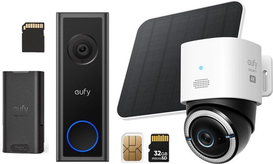 Eufy nieuw Videodeurbel C31 Incl. 32G SD-kaart | 2K FHD ( kan zowel bedraad als op accu ) + 4G LTE S330 Camera - met WiFi - 4K Pan&Tilt - Volkomen draadloos met zonnepaneel - AI Tracking en 4G verbinding met simkaart van Eufy