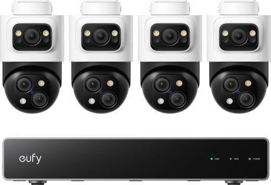 eufy PoE NVR-beveiligingssysteem S4 Max, 4-pack 16MP Triple-Lens Bullet PTZ-camera's, 360° pan/tilt, 8x automatische zoom, AI-autoframing en tracking, gratis slimme videozoekfunctie, van Eufy