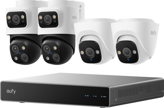 eufy PoE NVR Security System S4, 2 stuks bullet PTZ camera's, 360° PTZ, AI auto framing & tracking, video search, nachtzicht in kleur, rode & blauww strobe, 2 TB HD, plug & play, 24/7 opname van Eufy