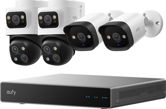 eufy PoE NVR Security System S4, 2 stuks bullet-PTZ camera's, 360° PTZ, AI auto framing & tracking, video search, nachtzicht in kleur, rode en blauwe strobe, 2 TB HD, plug & play, 24/7 opname. van Eufy