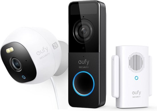 eufy Security Doorbell -Video Deurbel C210 Wi-Fi + E220 2K camera met 24/7 opname (incl 16GB SD Kaart) van Eufy