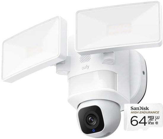 eufy Security E30 Floodlight Camera Bundle– 360° Pan & Tilt – 2K Video – AI Detectie en Tracering – 2000 Lumen – Aangepaste Stem- en Lichtwaarschuwingen – 24/7 Opname + SanDisk High Endurance MicroSD Card 64GB, Tot 5.000 Uur Opnemen, Full HD En 4K van Eufy