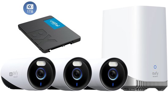 eufy Security E330 Buitencamera's, 3 Pack met HomeBase 3 – Outdoorcam set - 4K Ultra HD-resolutie, 24/7 opname, wifidekking van 464 m², AI-gezichtsherkenning, bedrade beveiligingscamera's voor buiten + 1TB SSD opslag van Eufy