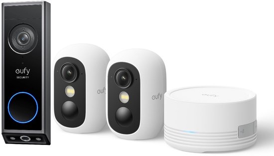 eufy Security E340 Video Deurbel - Dual-Cam technologie, 2K Full HD-resolutie, kleur nachtzicht, AI-pakketdetectie + eufyCam C35 - Incl. 2 Camera, HomeBase Mini - Beveiligingsset - Voordeelbundel van Merkloos