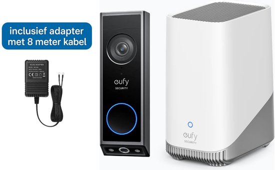 eufy Security E340 Video Deurbel + HomeBase 3 S380 – Video Doorbell - Dual-Cam technologie, 2K Full HD-resolutie, kleur nachtzicht, AI-pakketdetectie + deurbel adapter met 8 meter kabel - Bundelvoordeel van Eufy