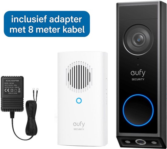 eufy Security E340 Video Deurbel met Chime – Video Doorbell - Dual-Cam technologie, 2K Full HD-resolutie, kleur nachtzicht, AI-pakketdetectie + deurbel adapter met 8 meter kabel - Bundelvoordeel van Eufy