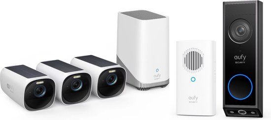 eufy Security - eufyCam 3 Set met 3 camera's met zonnepaneel + eufy E340 2K Draadloze Video Deurbel Inclusief Chime - Accu - Zwart van Eufy