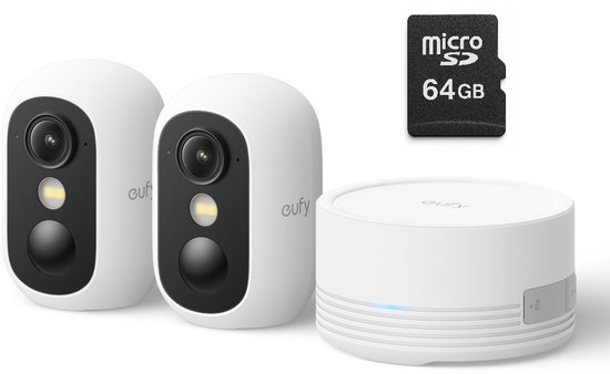 eufy Security eufyCam C35 2-Cam Kit, Wit, Draadloze Beveiligingscamera, Voor Buiten en Binnen, Magnetische Bevestiging, Kleurennachtzicht, Lokale Opslag, Geen Maandelijkse Kosten, IP67, Gezichtsherkenning + MicroSDXC 64GB - Bundelvoordeel van Merkloos