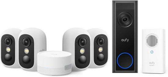 eufy Security eufyCam C35 4-Cam Kit, Wit, Draadloze Beveiligingscamera Voor Buiten en Binnen + eufy Video Doorbell C30 + Chime - Bundel van Eufy