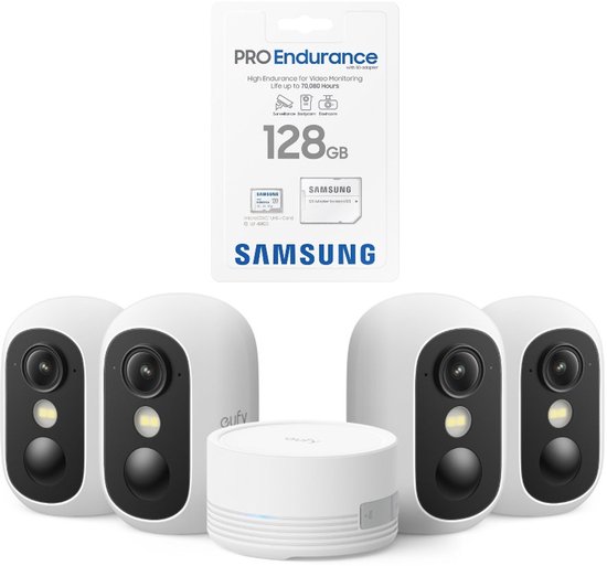 eufy Security eufyCam C35 4-Cam Kit, Wit, Draadloze Beveiligingscamera Voor Buiten en Binnen + SAMSUNG MicroSDXC 128GB PRO - Bundel van Eufy