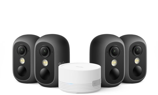eufy Security eufyCam C35 4-Cam Kit, Zwart, Draadloze Beveiligingscamera Voor Buiten en Binnen, Magnetische Bevestiging, Kleurennachtzicht, Lokale Opslag, Geen Maandelijkse Kosten, IP67, Gezichtsherkenning, Ondersteunt Zonnepaneel van Merkloos