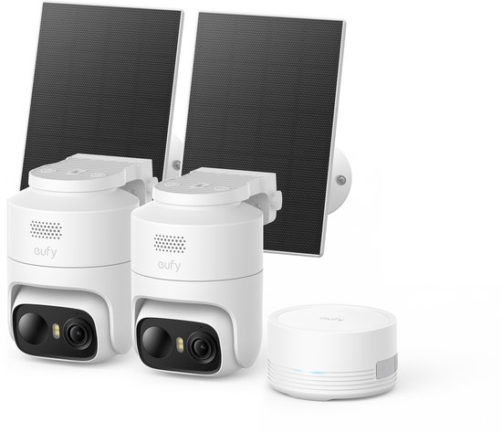 eufy Security eufyCam C37 2-Cam Kit + HomeBase mini - Draadloze Beveiligingscamera Voor Buiten - 360° Beeld - 2K Zonnecamera- Persoons- Huisdier- En Voertuigdetectie - Zonnepaneel - Kleuren-nachtzicht - Geen Extra Kosten