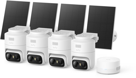 eufy Security eufyCam C37 4-Cam Kit + HomeBase mini - Draadloze Beveiligingscamera Voor Buiten - 360° Beeld - 2K Zonnecamera- Persoons- Huisdier- En Voertuigdetectie - Zonnepaneel - Kleuren-nachtzicht - Geen Extra Kosten