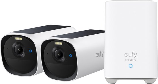 eufy Security eufyCam E40 2-Cam Set (HomeBase 2), draadloze outdoor beveiligingscamera met zonne-energie, 2K-resolutie met ingebouwd zonnepaneel, MaxColor nachtzicht, uitbreidbare lokale opslag, geen maandelijkse kosten van eufy Security