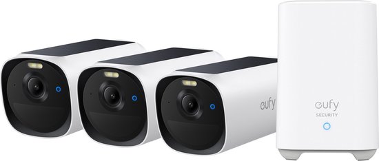 eufy Security eufyCam E40 3-Cam Set (HomeBase 2), draadloze outdoor beveiligingscamera met zonne-energie, 2K-resolutie met ingebouwd zonnepaneel, MaxColor nachtzicht, uitbreidbare lokale opslag, geen maandelijkse kosten van Eufy