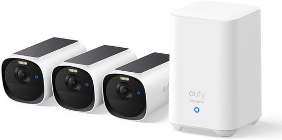 eufy Security eufyCam E40 Beveiligingscamera Set – 3 Camera’s + HomeBase 2 – 2K Resolutie – Met Zonnepaneel – Nachtzicht (MaxColor) – Uitbreidbare Opslag – Zonder Abonnement – Draadloos – Voor Buiten van Eufy