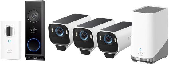 eufy Security eufyCam S3 Pro MaxColor Vision 4K 3-Cam Set inclusief Homebase 3 + E340 2K Draadloze Video Deurbel Inclusief Chime - Bundelvoordeel van Eufy