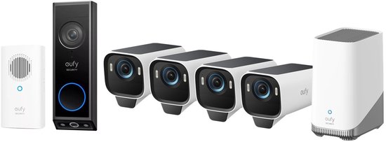 eufy Security eufyCam S3 Pro MaxColor Vision 4K 4-Cam Set inclusief Homebase 3 + E340 2K Draadloze Video Deurbel Inclusief Chime - Bundelvoordeel van Eufy