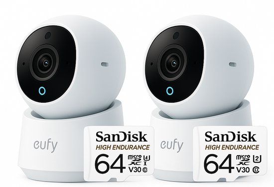 eufy Security Indoor camera E30 2 stuks – Indoor Cam - 4K UHD – Pan & Tilt – AI Mens- en Huisdierdetectie – Kleurennachtzicht – Tweewegcommunicatie – Lokale Opslag + SanDisk High Endurance MicroSD Card 64GB, Tot 5.000 Uur Opnemen, Full HD En 4K van Eufy