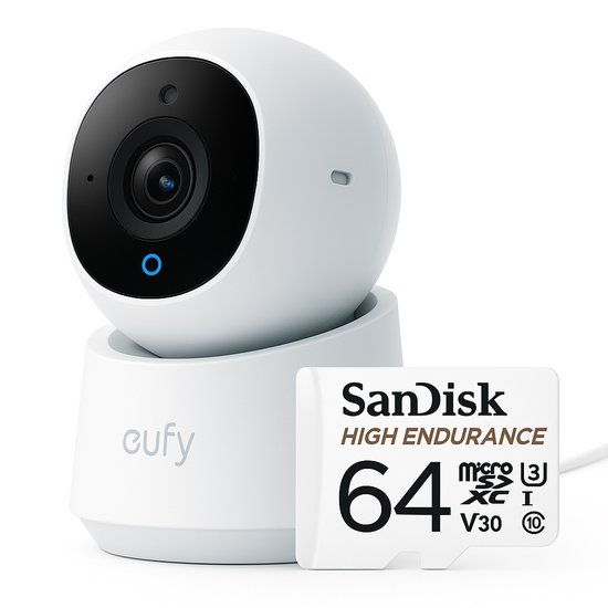eufy Security Indoor camera E30 – Indoor Cam - 4K UHD – Pan & Tilt – AI Mens- en Huisdierdetectie – Kleurennachtzicht – Tweewegcommunicatie – Lokale Opslag + SanDisk High Endurance MicroSD Card 64GB, Tot 5.000 Uur Opnemen, Full HD En 4K van Eufy