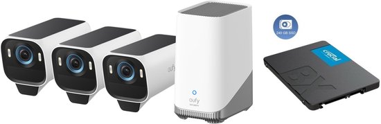 eufy Security S3 Pro Buitencamera's, 3 Pack met HomeBase 3 - Outdoorcam set - 4K Ultra HD resolutie, MaxColor Vision™ technologie, Zonne-energie met SolarPlus™ 2.0, Compatibel met Apple HomeKit, Alexa en Google Assistant + 240GB SSD - Bundelvoordeel van Eufy