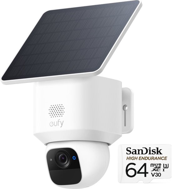eufy Security Solo Camera E30 – SoloCam - 2K HD-resolutie – 360° Pan & 70° Tilt – AI Auto Lock en Tracking – Zonne-energie met SolarPlus™ Technologie – Draadloze Beveiligingscamera + SanDisk High Endurance MicroSD Card 64GB, Tot 5.000 Uur Opnemen van Eufy