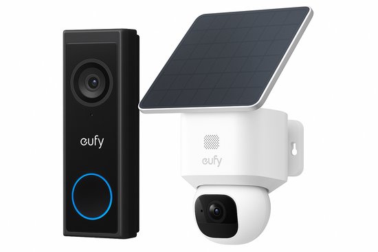 eufy Security Solo Camera E30 - SoloCam - 2K HD-resolutie - 360° Pan & 70° Tilt - AI Auto Lock en Tracking - Zonne-energie met SolarPlus™ Technologie + eufy C30 2K Draadloze Video Deurbel 2K FHD - Accu Zwart van Eufy