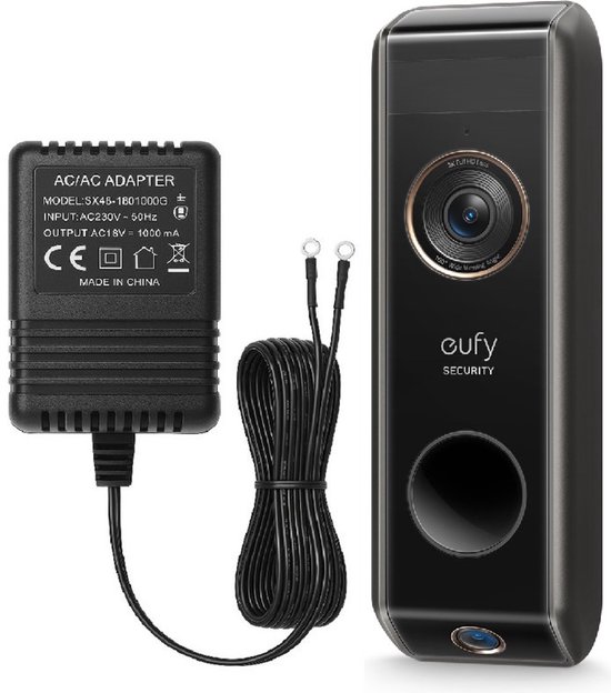 eufy Security Video Deurbel Dual 2 Pro +Hoogwaardige AC/AC Adapter – met 6 meter kabel– Video Doorbell- 2K HD – Dubbele Camera's – Pakketdetectie – Gezichtsherkenning – Batterijgevoed - LET OP, werkt NIET zonder homebase 2 of 3
