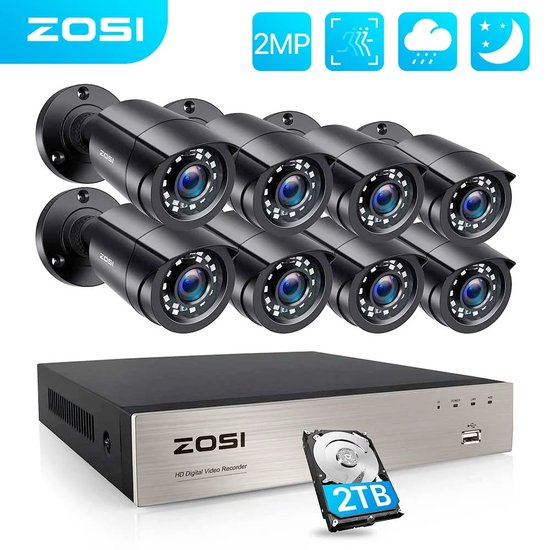 EverestGoods Security Systeem 2TB H.265 8CH - CCTV - Zosi Beveiligingscamera set met 8 Camera's Outdoor Buiten - Home Security Camera Systeem - Wifi Camera Set - Video + Audio-opname - Beveiligingscamera - 8 Camera’s - Nachtzicht - Motion Detector van Zosi