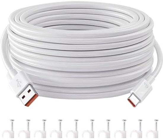 extension cable usb c 10m, charging cable type C for wireless outdoor security camera 1080p, 2K magnetic mounting, robust and flexible power cable, for security cameras van Merkloos