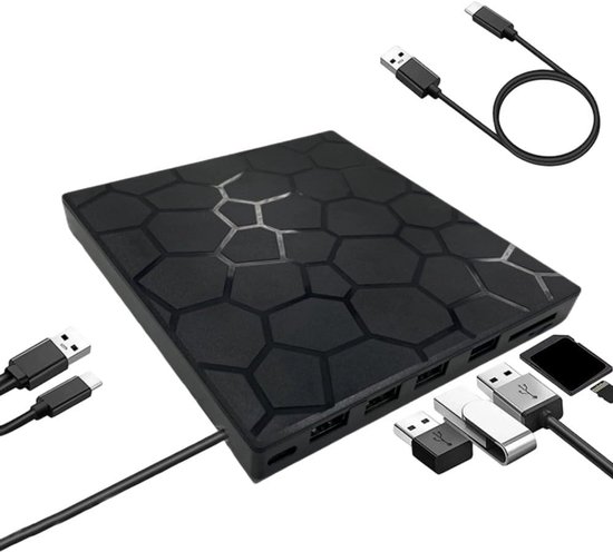 Externe DVD CD Drive - Hub Kaartlezer - Gegevens Overzetten - 7-in-1 Ontwerp - 16.5 cm - Zwart