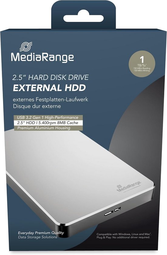 Externe Harde Schijf 1TB USB 3.0 - Snelle Externe Opslag in Zilveren Aluminium Behuizing
