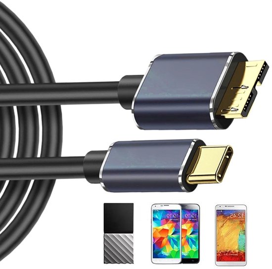 Externe Harde Schijf Kabel - USB C naar Micro-B - Snelle Data Overdracht - 3A Snelladen - 25 cm - Zwart