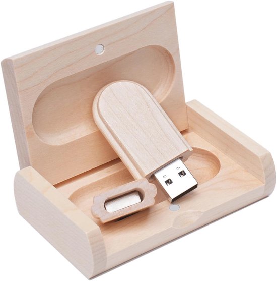 Externe USB schijf met houten behuizing en opslagcapaciteit tot 64 GB