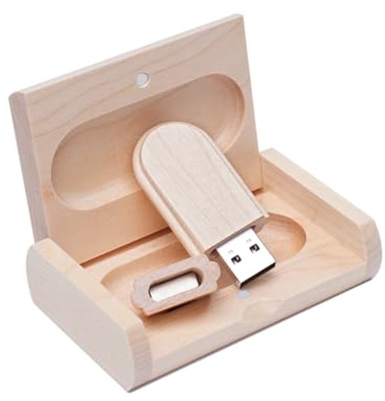Externe USB schijf met houten behuizing en opslagcapaciteit tot 64 GB