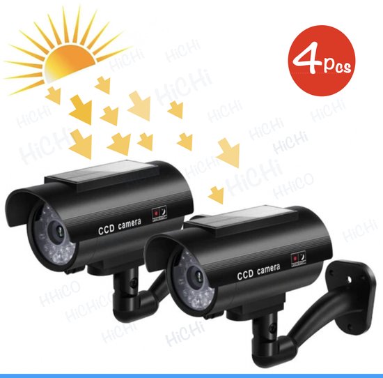 Fake camera voor buiten – HiCHiCO® Outdoor Solar Dummy camera (4 pack) – Nep camera - CCD Dummy Camera - Beveiligingscamera - Fake Outdoor Nepcamera - Nep Security Cam met rood knipperend led indicator voor binnen en buiten - Zon panel
